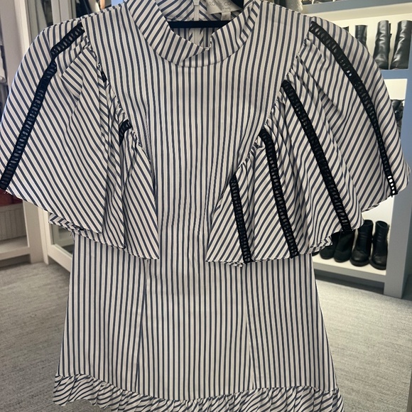Caroline Constas Blue White Ruffle Stripe Blouse - Picture 2 of 4